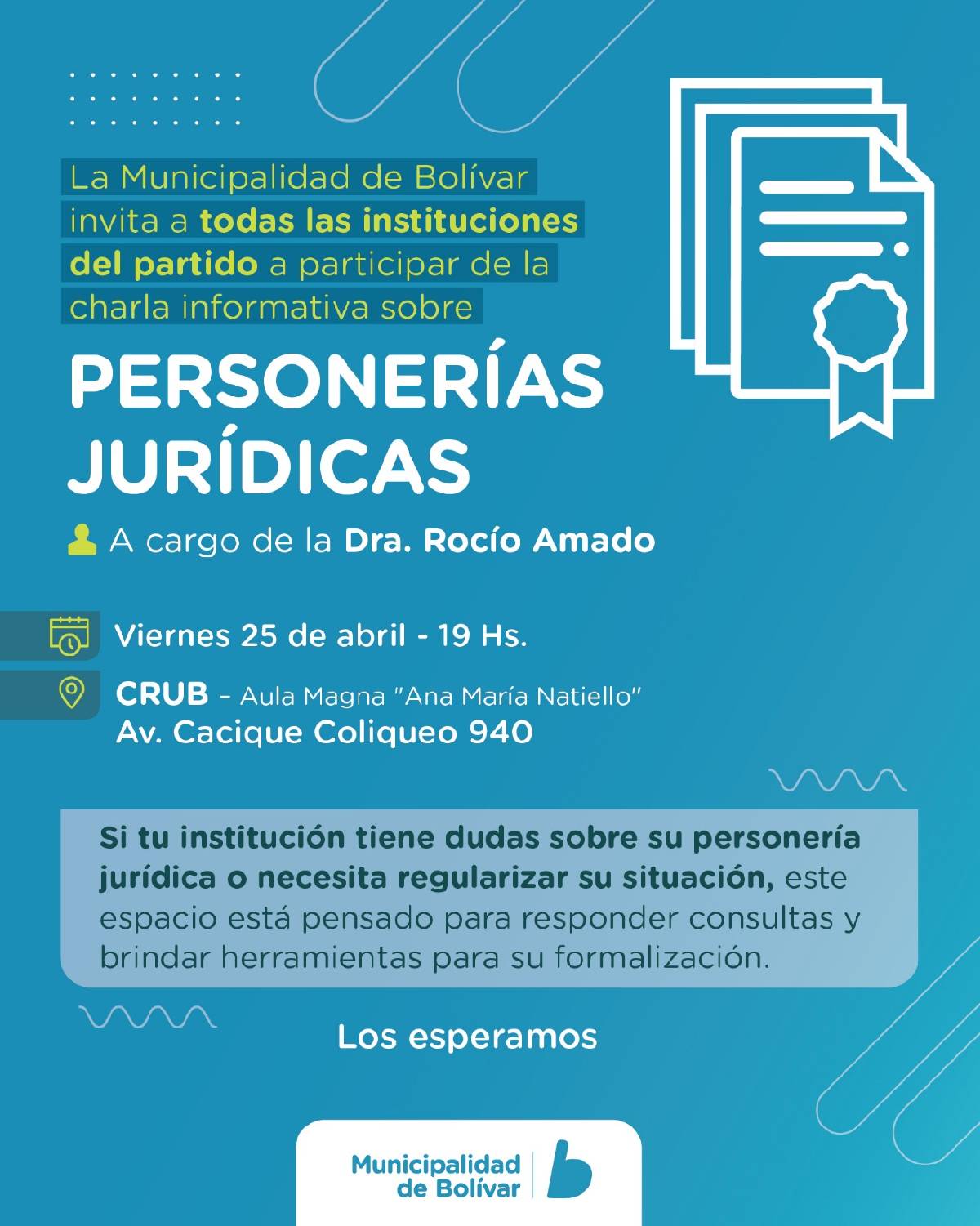 CHARLA INFORMATIVA SOBRE PERSONARÍAS JURÍDICAS PARA INSTITUCIONES DE BOLÍVAR